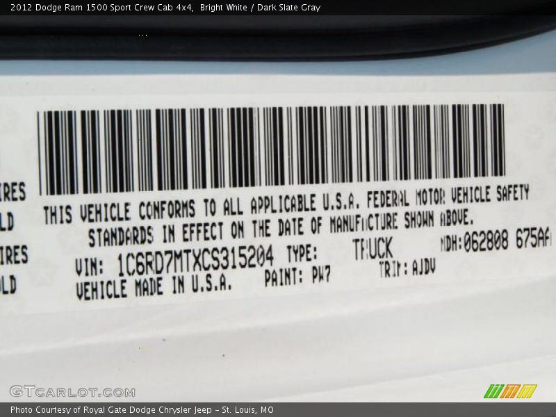 2012 Ram 1500 Sport Crew Cab 4x4 Bright White Color Code PW7
