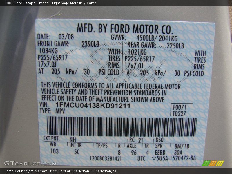 Light Sage Metallic / Camel 2008 Ford Escape Limited