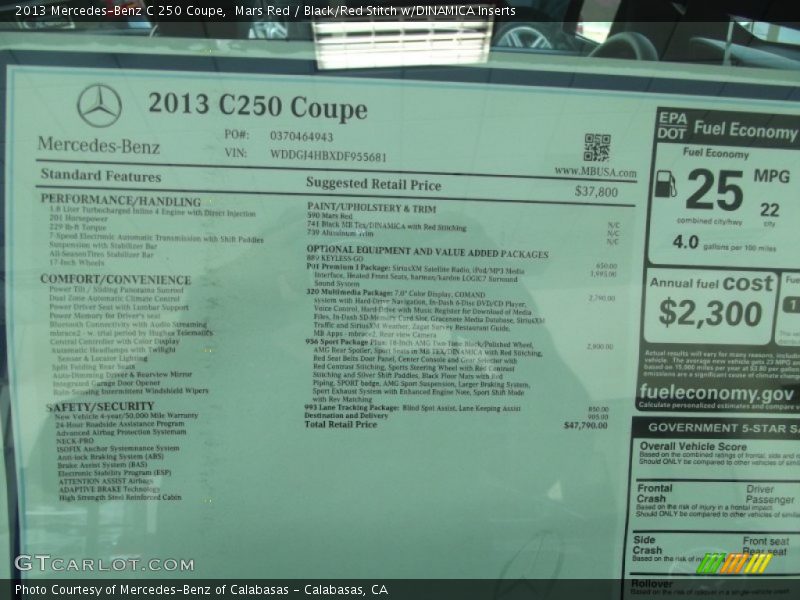  2013 C 250 Coupe Window Sticker