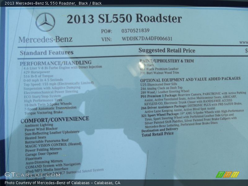  2013 SL 550 Roadster Window Sticker