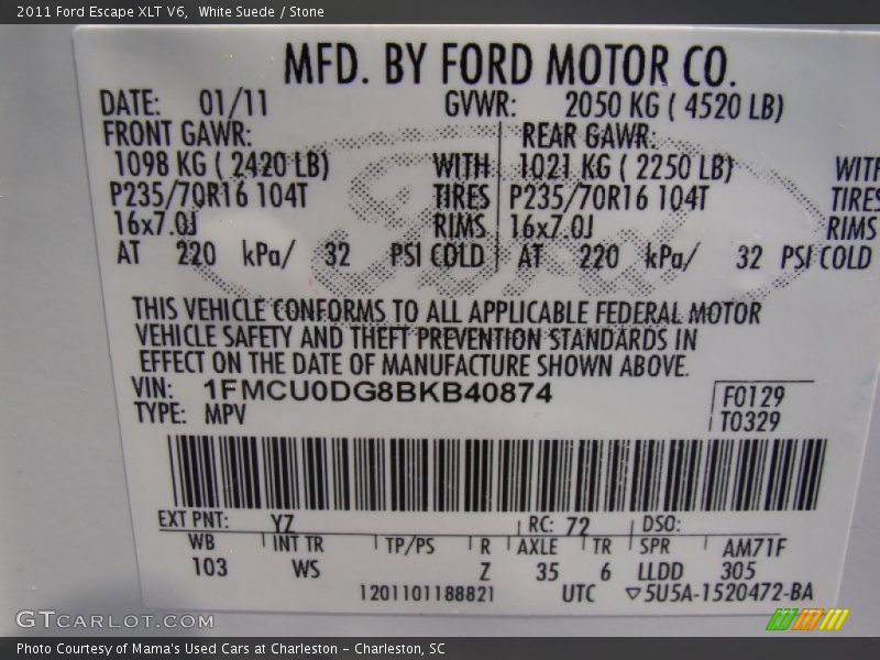 White Suede / Stone 2011 Ford Escape XLT V6