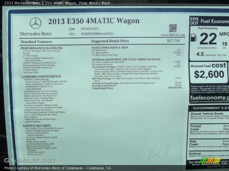  2013 E 350 4Matic Wagon Window Sticker