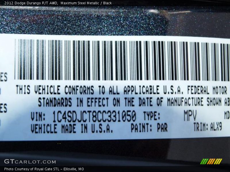 Maximum Steel Metallic / Black 2012 Dodge Durango R/T AWD