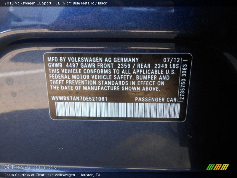 Night Blue Metallic / Black 2013 Volkswagen CC Sport Plus