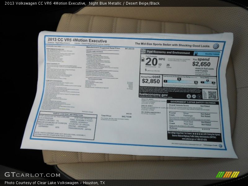  2013 CC VR6 4Motion Executive Window Sticker