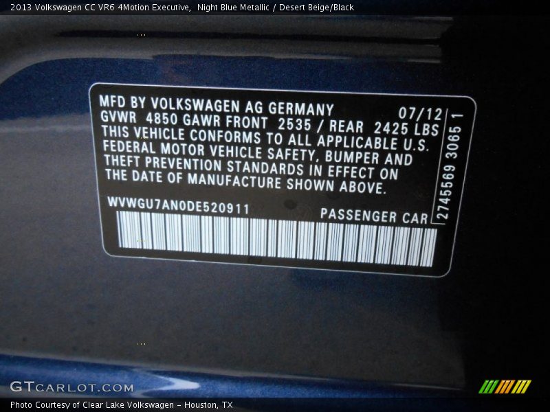 Night Blue Metallic / Desert Beige/Black 2013 Volkswagen CC VR6 4Motion Executive