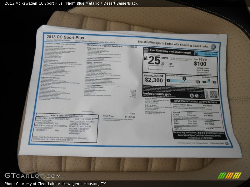 Night Blue Metallic / Desert Beige/Black 2013 Volkswagen CC Sport Plus