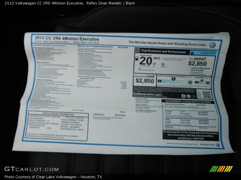  2013 CC VR6 4Motion Executive Window Sticker