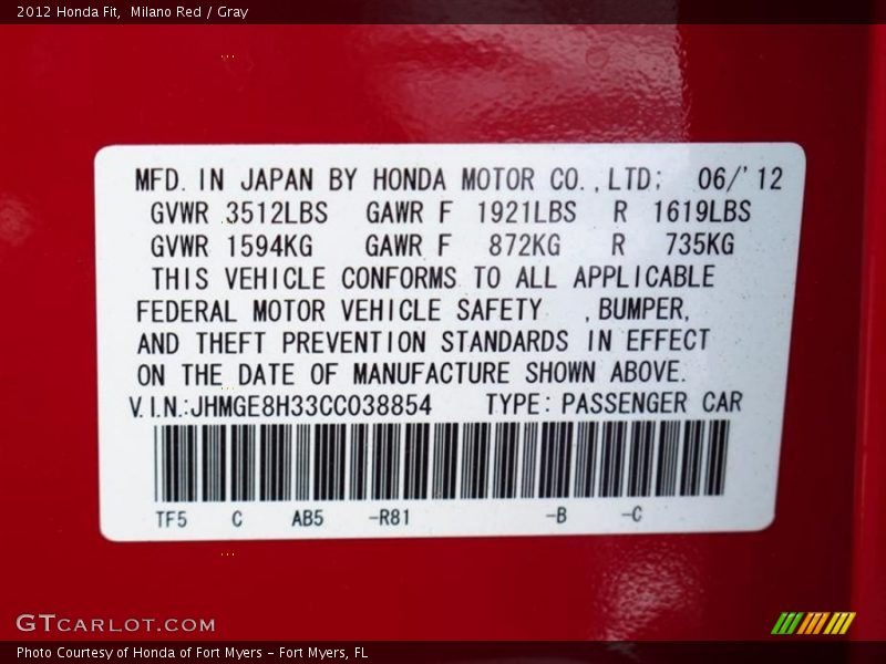 Milano Red / Gray 2012 Honda Fit