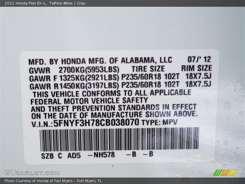 2012 Pilot EX-L Taffeta White Color Code NH578