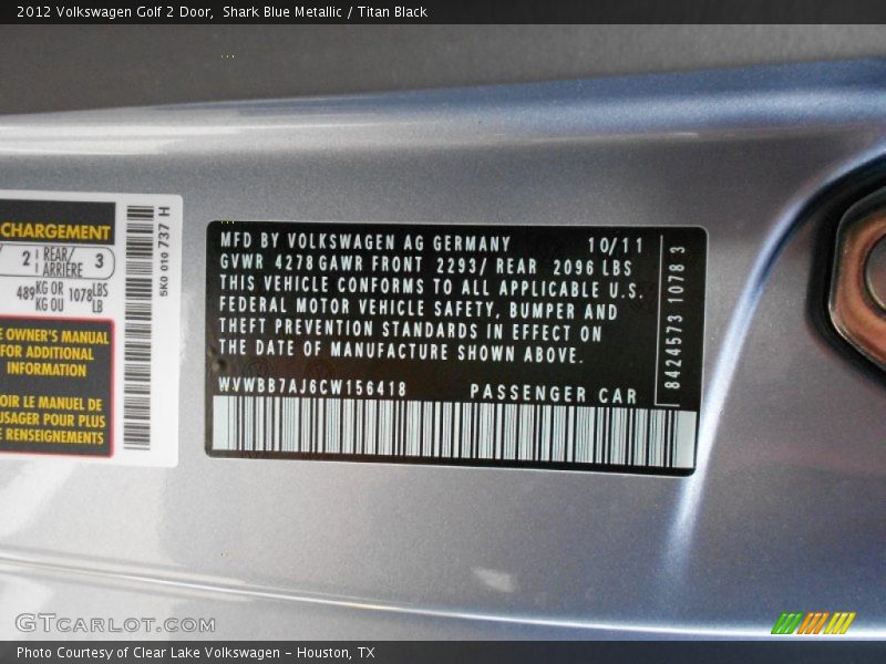 Shark Blue Metallic / Titan Black 2012 Volkswagen Golf 2 Door