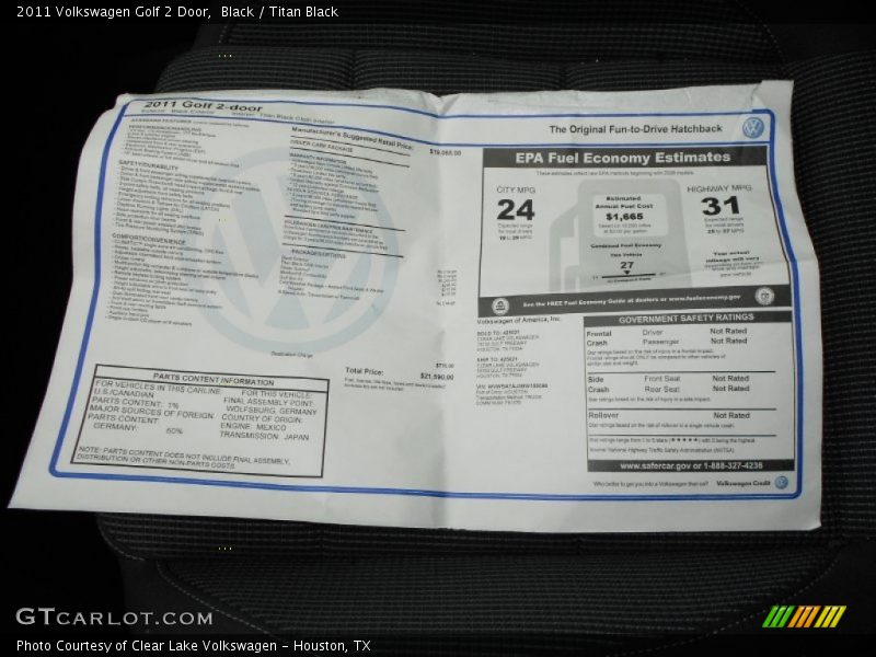 Black / Titan Black 2011 Volkswagen Golf 2 Door