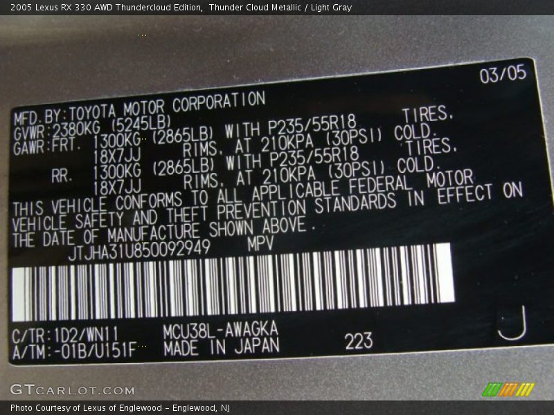 Thunder Cloud Metallic / Light Gray 2005 Lexus RX 330 AWD Thundercloud Edition
