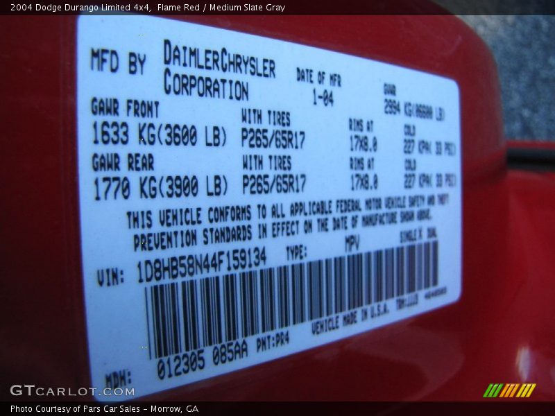 2004 Durango Limited 4x4 Flame Red Color Code PR4