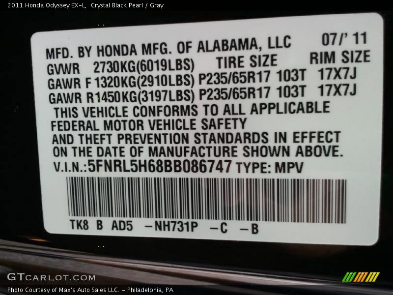 Crystal Black Pearl / Gray 2011 Honda Odyssey EX-L