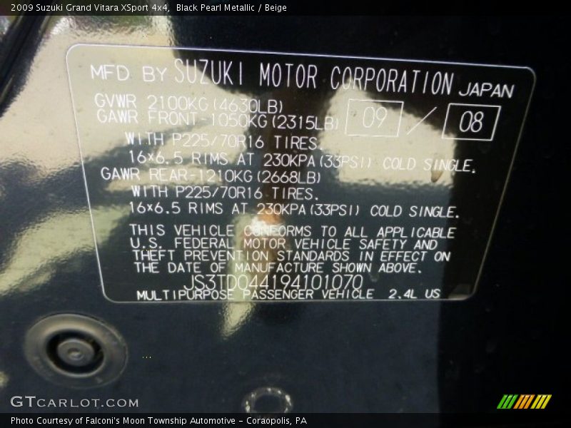 Black Pearl Metallic / Beige 2009 Suzuki Grand Vitara XSport 4x4