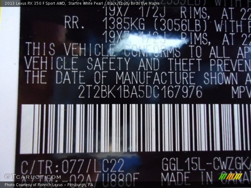 2013 RX 350 F Sport AWD Starfire White Pearl Color Code 077