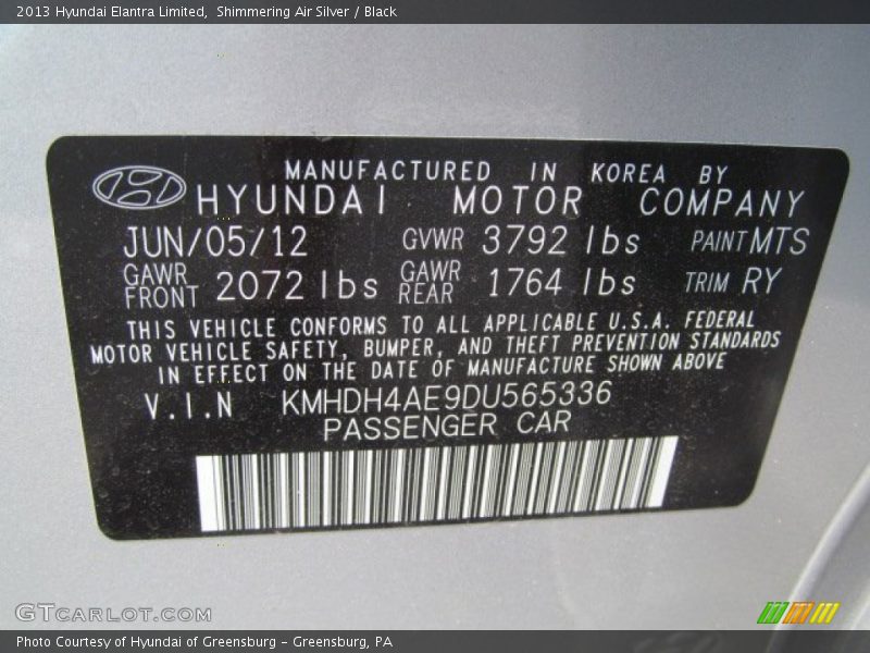 Shimmering Air Silver / Black 2013 Hyundai Elantra Limited
