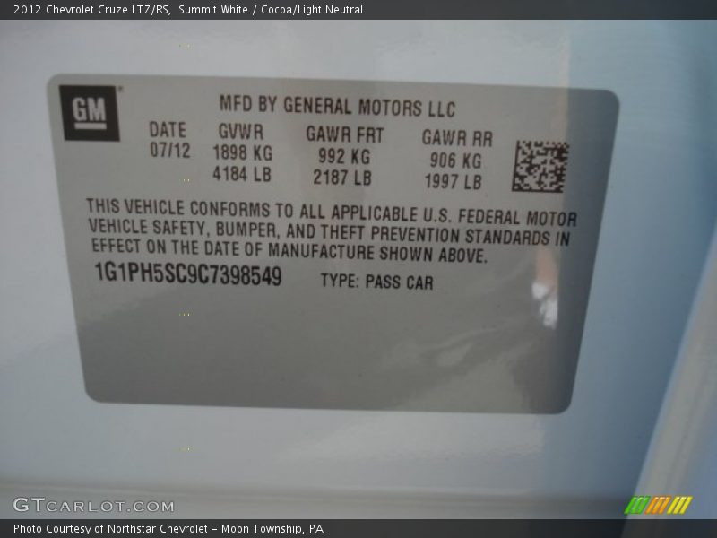 Summit White / Cocoa/Light Neutral 2012 Chevrolet Cruze LTZ/RS