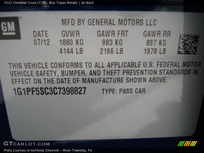 Blue Topaz Metallic / Jet Black 2012 Chevrolet Cruze LT/RS