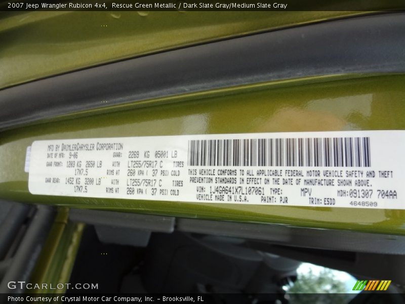 2007 Wrangler Rubicon 4x4 Rescue Green Metallic Color Code PJR