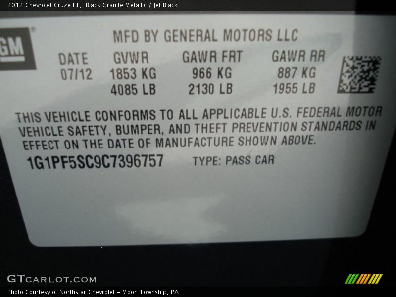 Black Granite Metallic / Jet Black 2012 Chevrolet Cruze LT