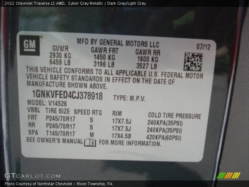 Cyber Gray Metallic / Dark Gray/Light Gray 2012 Chevrolet Traverse LS AWD