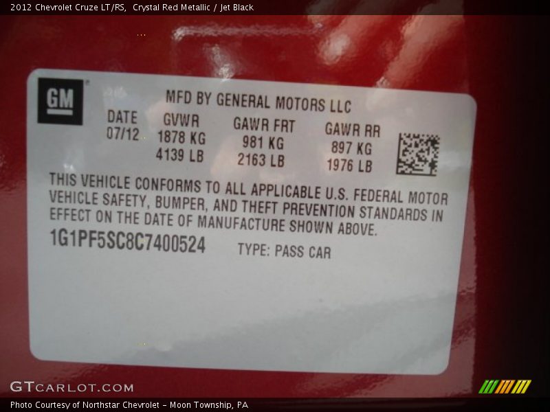 Crystal Red Metallic / Jet Black 2012 Chevrolet Cruze LT/RS
