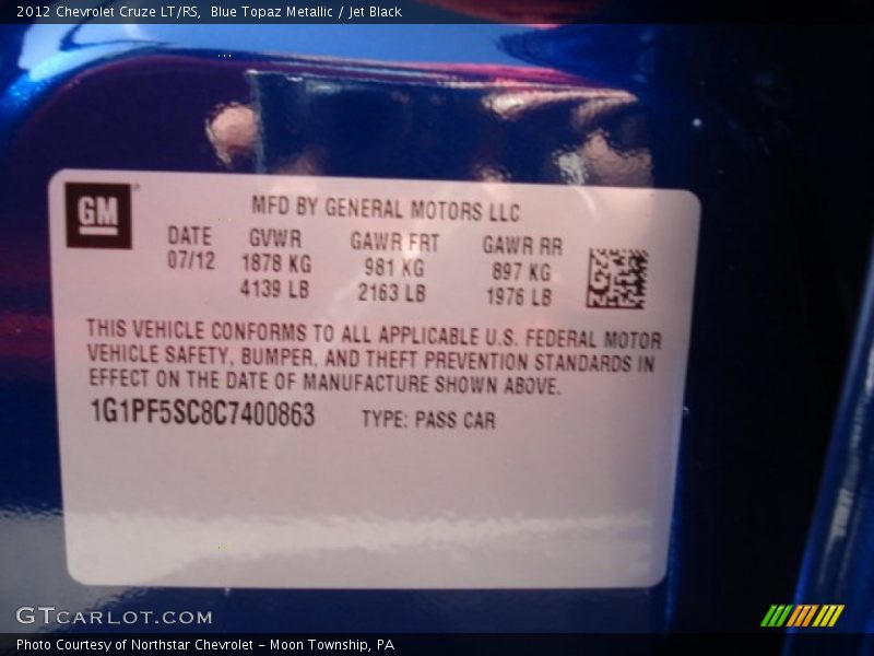 Blue Topaz Metallic / Jet Black 2012 Chevrolet Cruze LT/RS