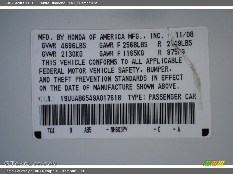 White Diamond Pearl / Parchment 2009 Acura TL 3.5