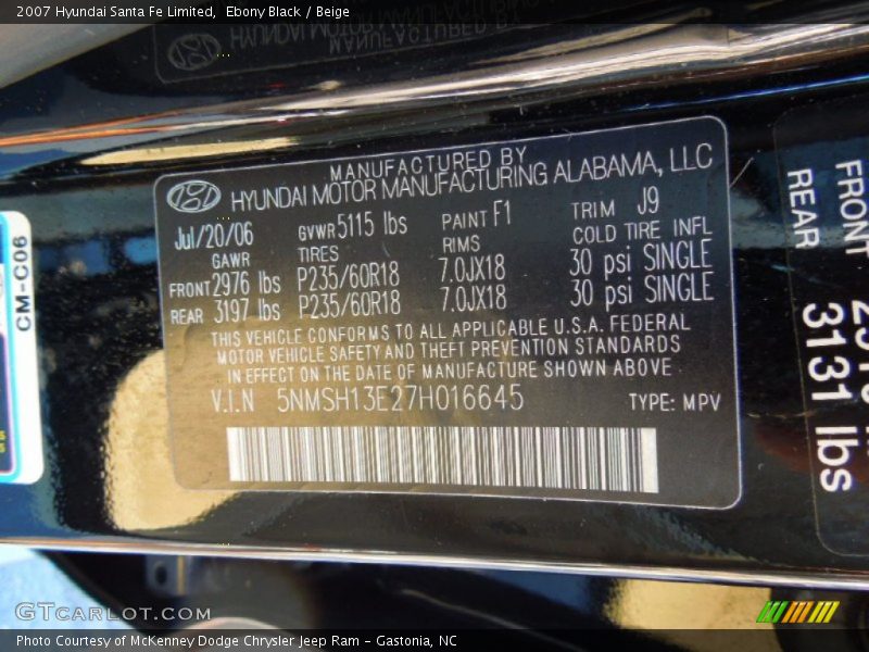 Ebony Black / Beige 2007 Hyundai Santa Fe Limited