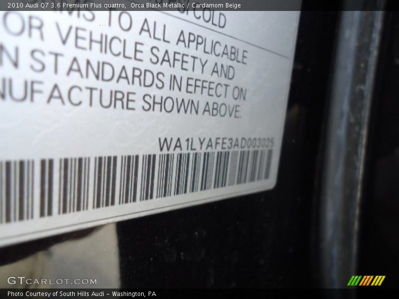 Orca Black Metallic / Cardamom Beige 2010 Audi Q7 3.6 Premium Plus quattro