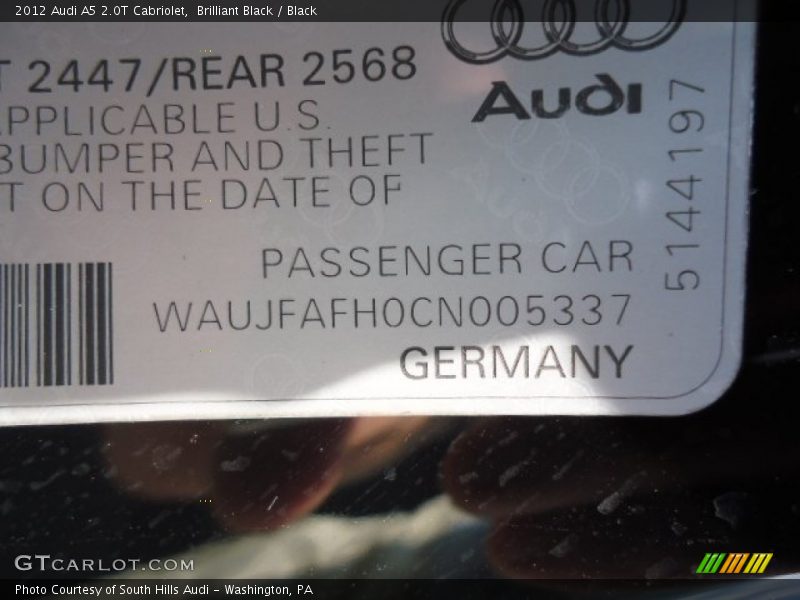 Brilliant Black / Black 2012 Audi A5 2.0T Cabriolet