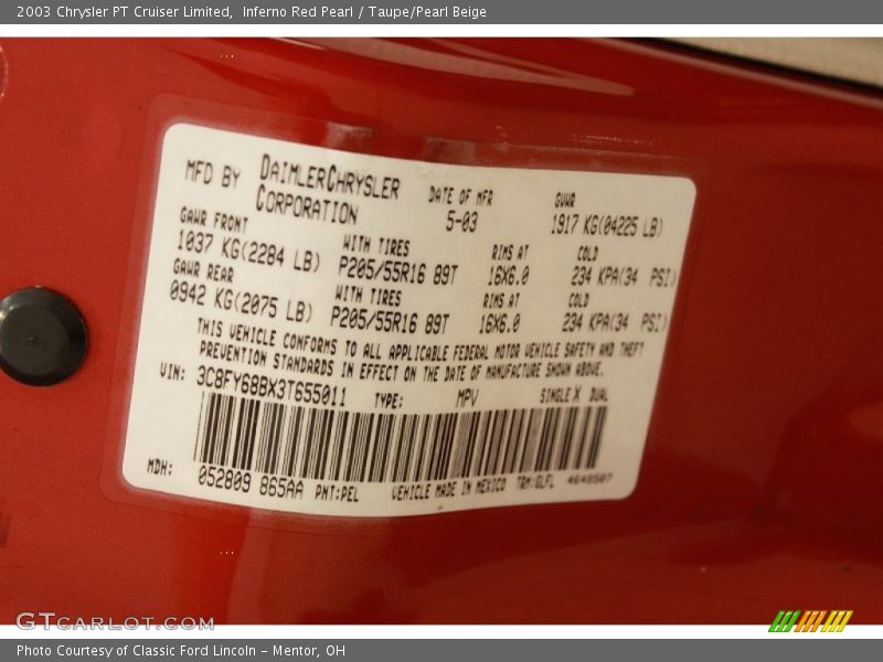 2003 PT Cruiser Limited Inferno Red Pearl Color Code PEL