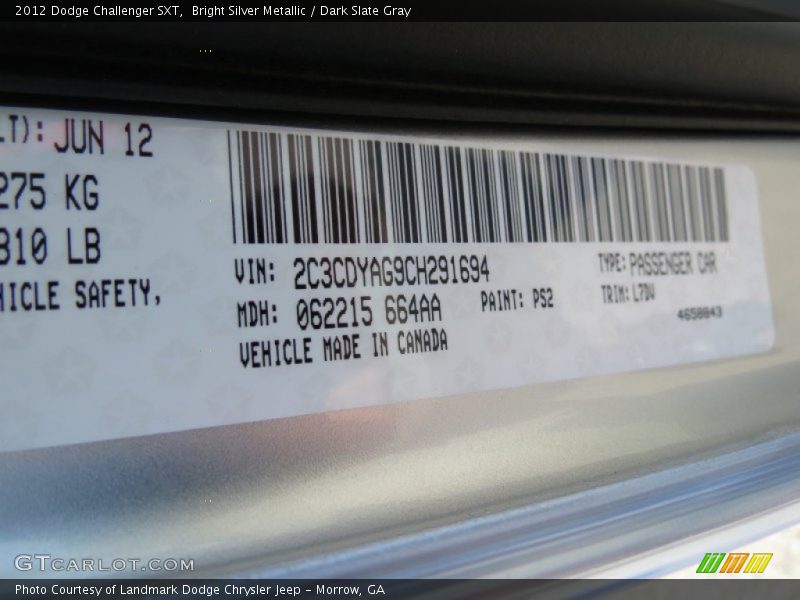 Bright Silver Metallic / Dark Slate Gray 2012 Dodge Challenger SXT