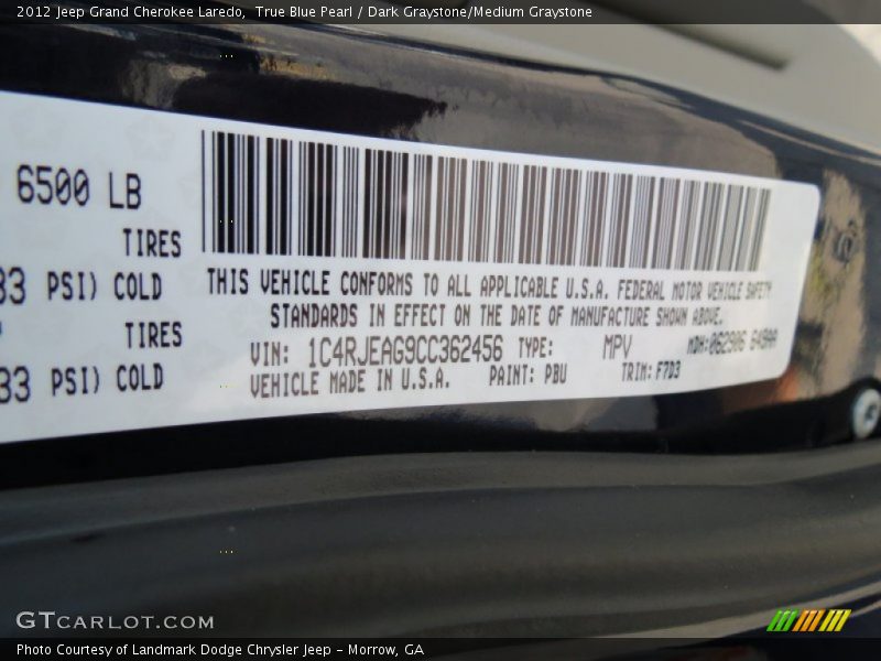True Blue Pearl / Dark Graystone/Medium Graystone 2012 Jeep Grand Cherokee Laredo