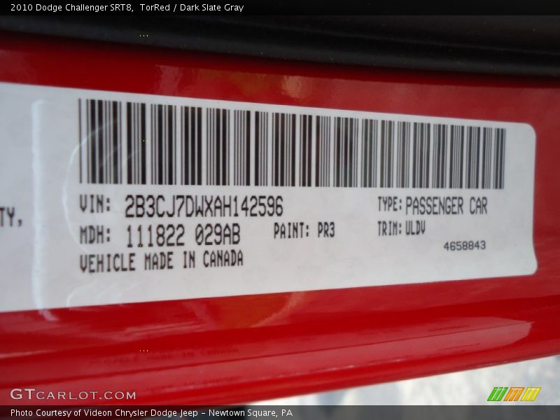 2010 Challenger SRT8 TorRed Color Code PR3