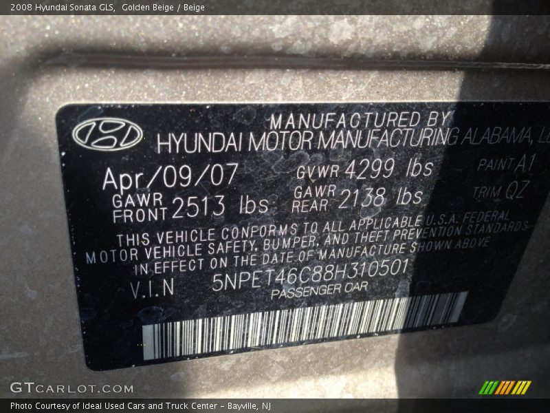2008 Sonata GLS Golden Beige Color Code A1