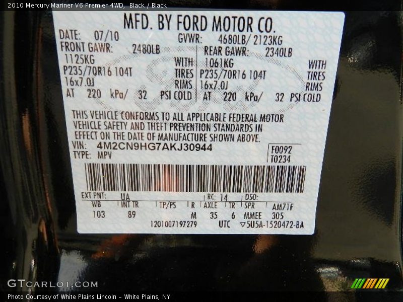 Black / Black 2010 Mercury Mariner V6 Premier 4WD