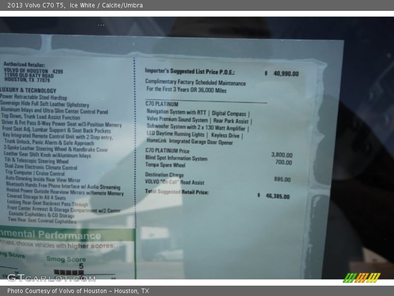  2013 C70 T5 Window Sticker