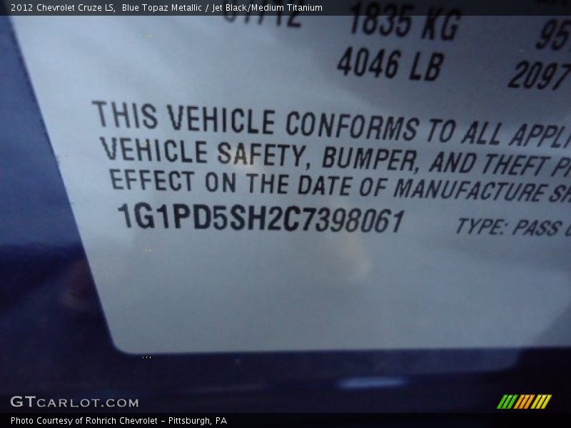 Blue Topaz Metallic / Jet Black/Medium Titanium 2012 Chevrolet Cruze LS