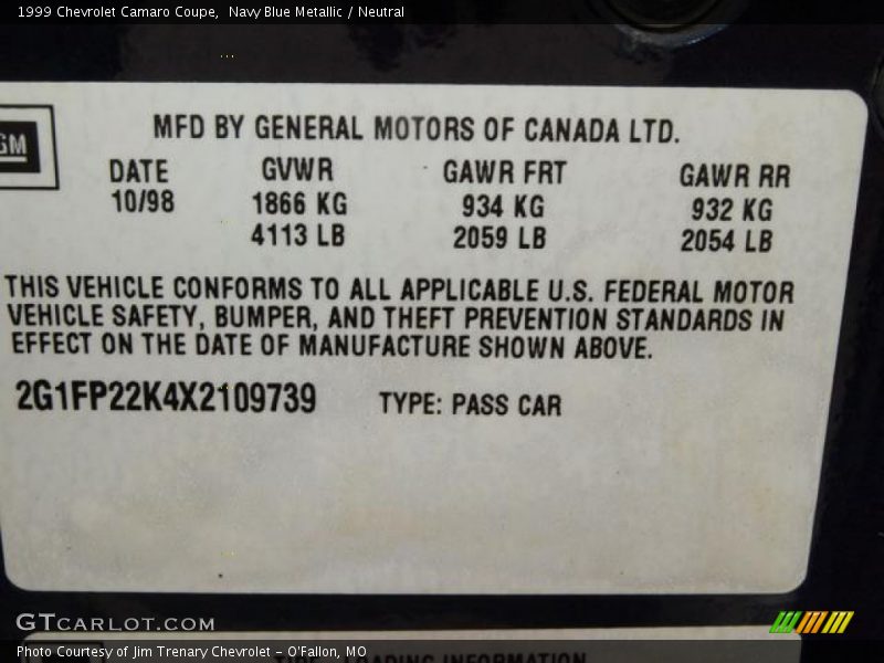 Navy Blue Metallic / Neutral 1999 Chevrolet Camaro Coupe