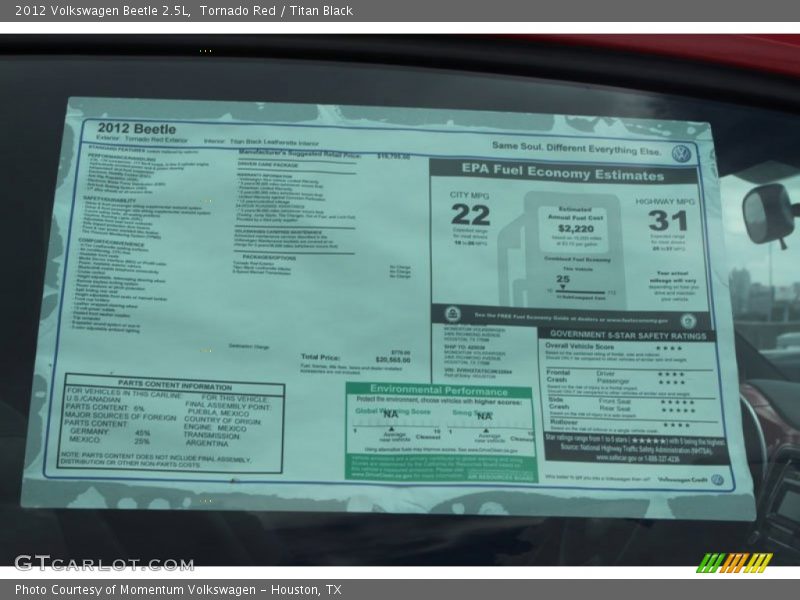  2012 Beetle 2.5L Window Sticker