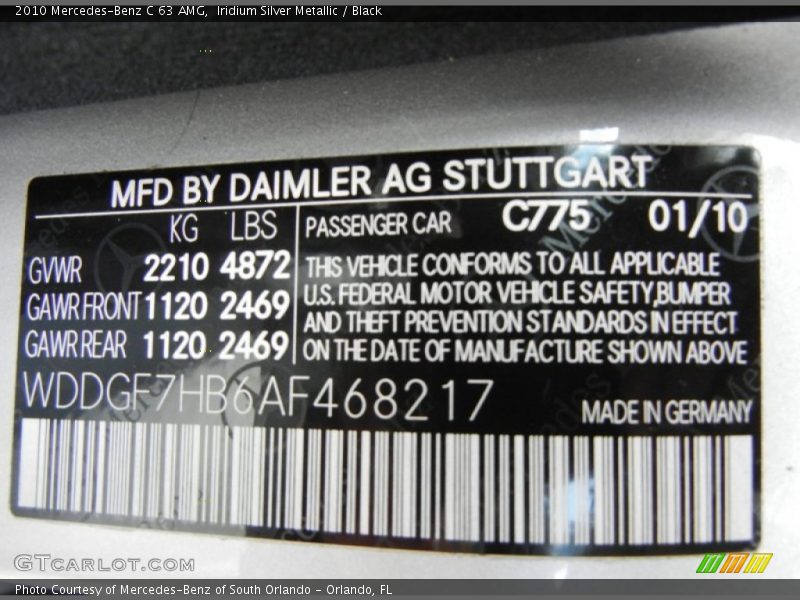 2010 C 63 AMG Iridium Silver Metallic Color Code 775