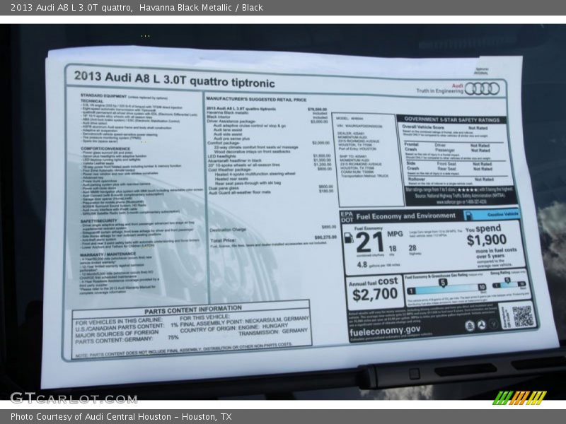  2013 A8 L 3.0T quattro Window Sticker