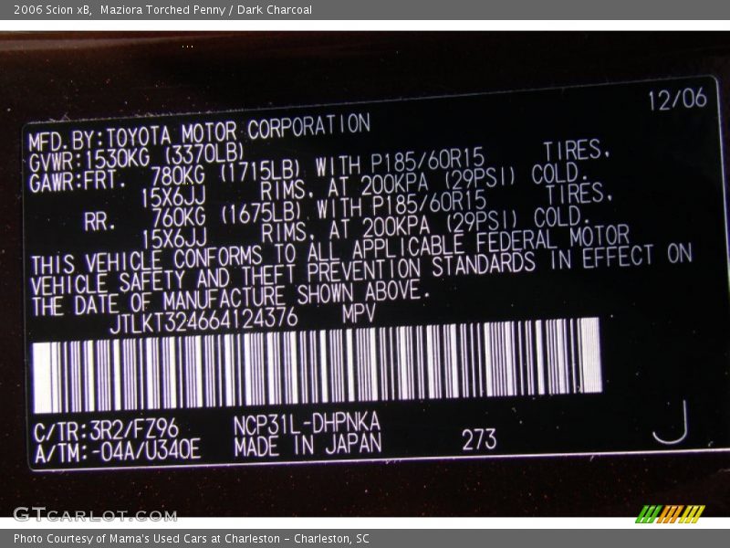 2006 xB  Maziora Torched Penny Color Code 3R2