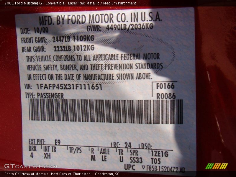 2001 Mustang GT Convertible Laser Red Metallic Color Code E9