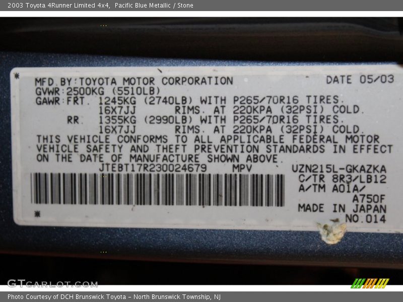 2003 4Runner Limited 4x4 Pacific Blue Metallic Color Code 8R3