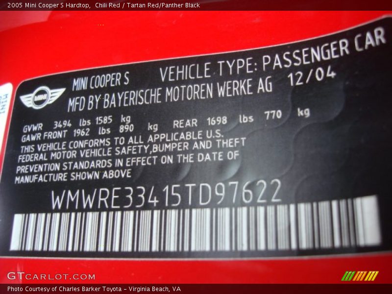 Chili Red / Tartan Red/Panther Black 2005 Mini Cooper S Hardtop