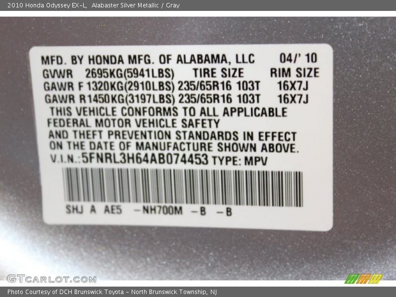 Alabaster Silver Metallic / Gray 2010 Honda Odyssey EX-L